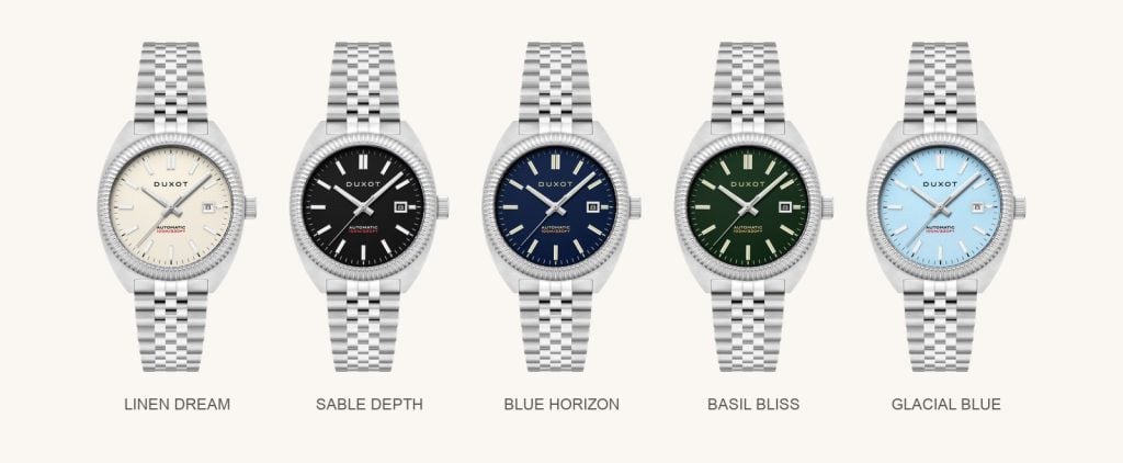 alla fem färger av duxot siena automatic: linen dream, sable depth, blue horizon, basil bliss och glacial blue