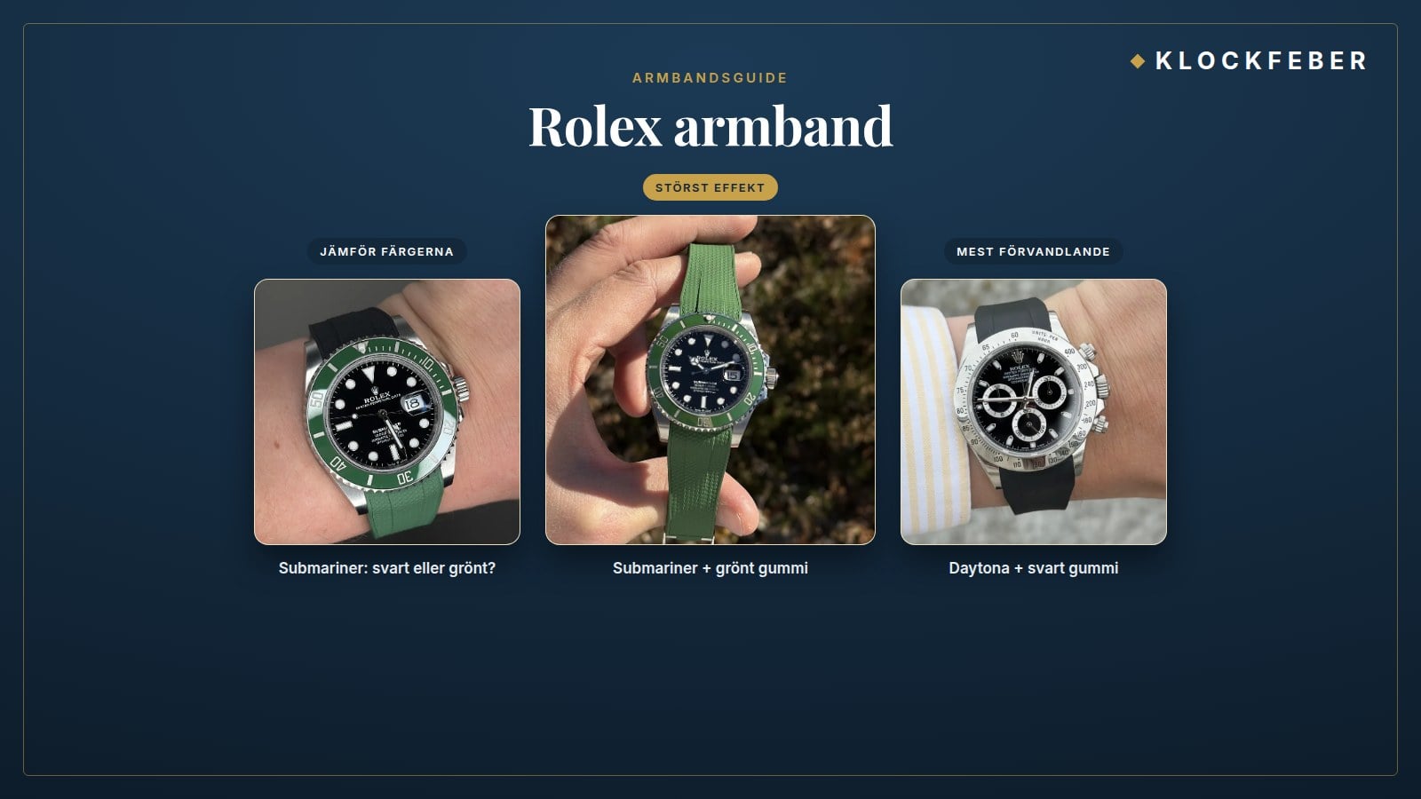 rolex armband – topp 3: submariner + grönt gummi (störst effekt), submariner: svart eller grönt? (jämför färgerna) och daytona + svart gummi (mest förvandlande)