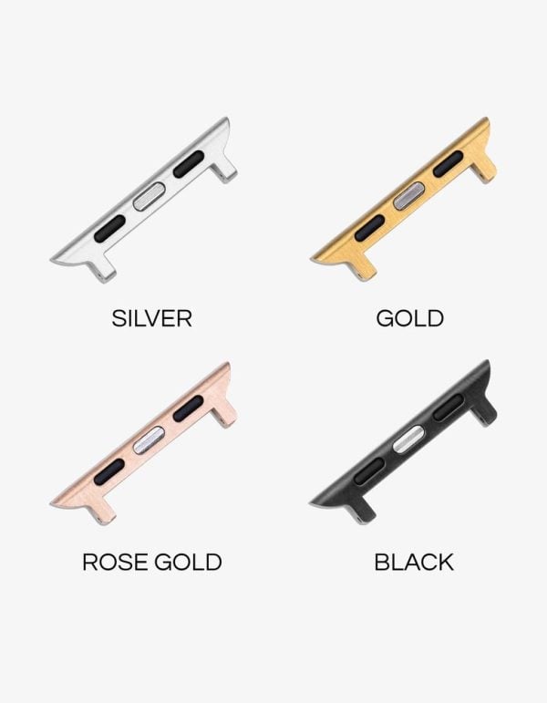 the four wristbuddys apple watch adapter finishes: silver, gold, rose gold and black