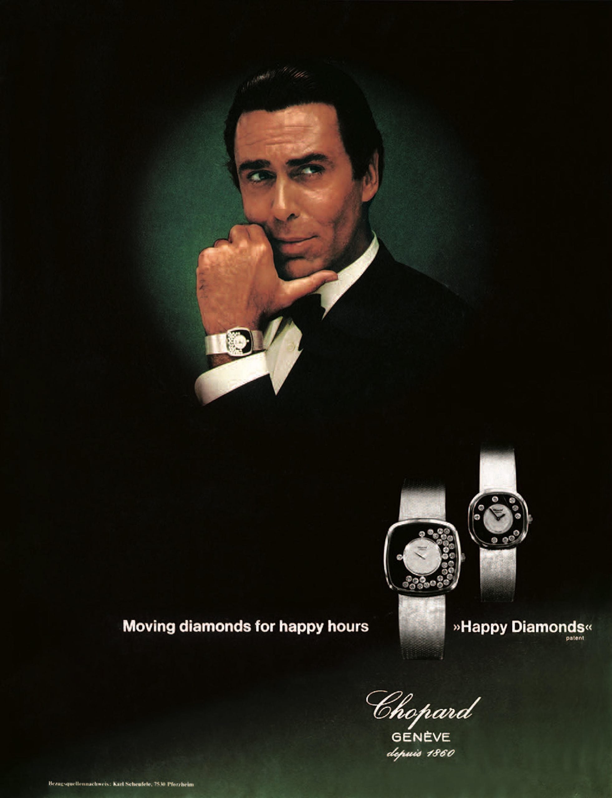 Chopards happy diamonds-annons från 1976 med texten moving diamonds for happy hours chopards happy diamonds-annons från 1976 med texten moving diamonds for happy hours
