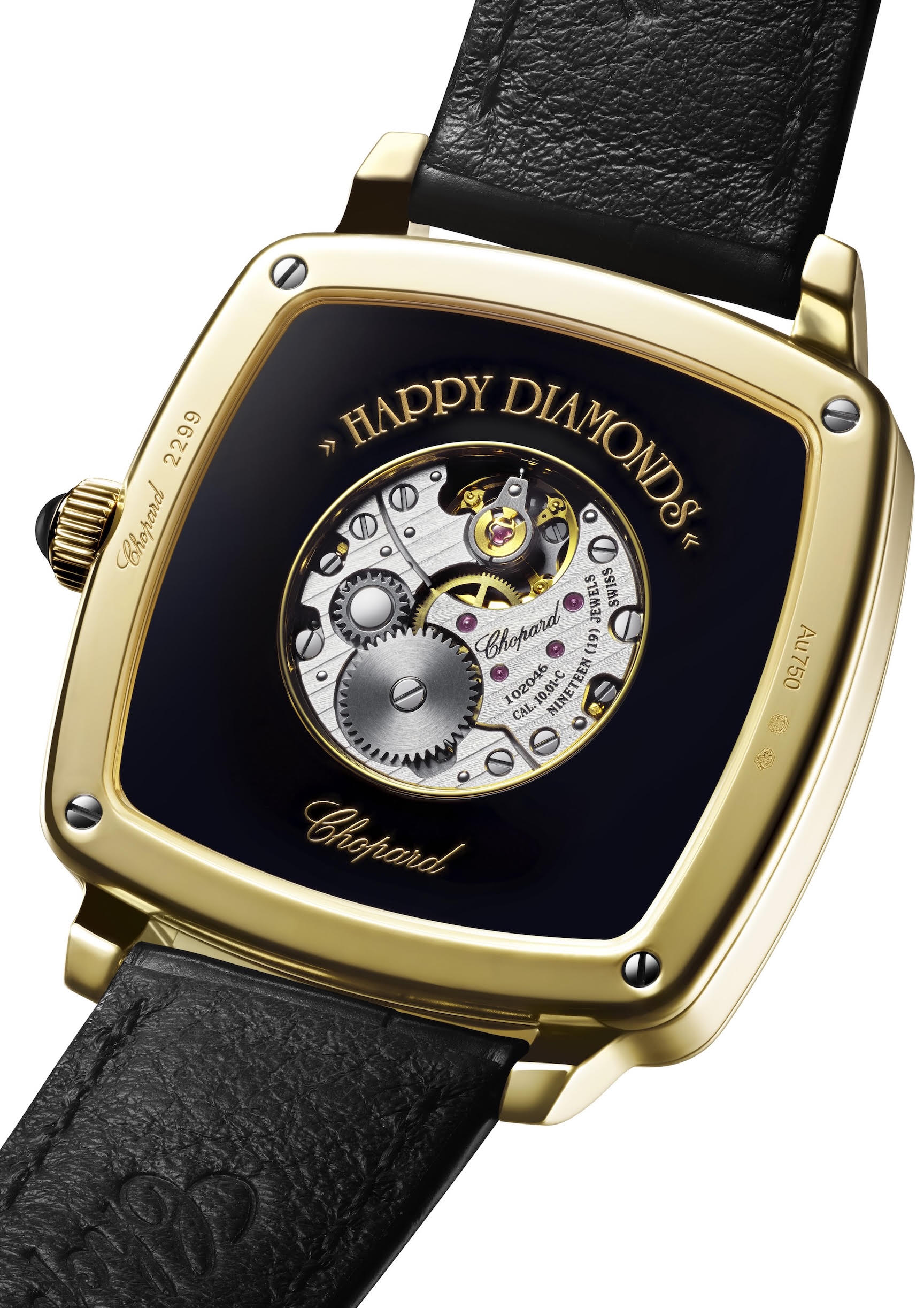 Genomskinlig casebacken på chopard happy diamonds heritage med den manuellt uppdragna kalibern 10. 01-c genomskinlig casebacken på chopard happy diamonds heritage med den manuellt uppdragna kalibern 10.01-c