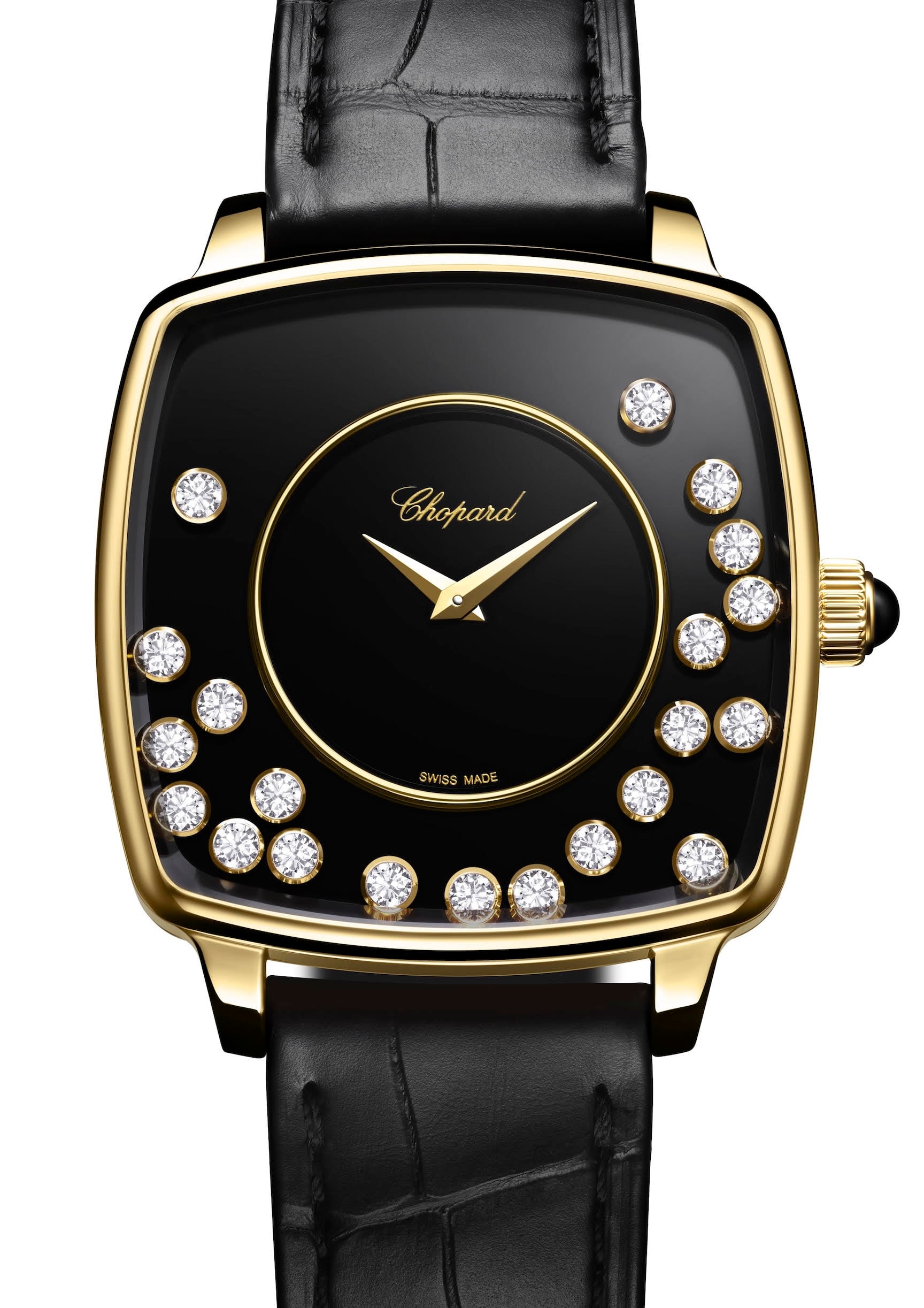 chopard happy diamonds heritage 34 mm i gulguld med svart onyxurtavla och fritt rörliga diamanter