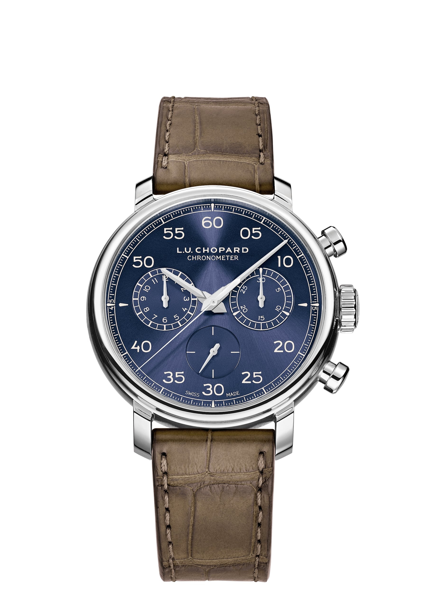 chopard l.u.c 1963 heritage chronograph med prussian blue-urtavla i 42 mm lucent steel på brunt läderarmband