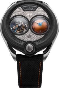 david candaux dc6 wildfire rakt framifrån med orange urtavla och flygande tourbillon