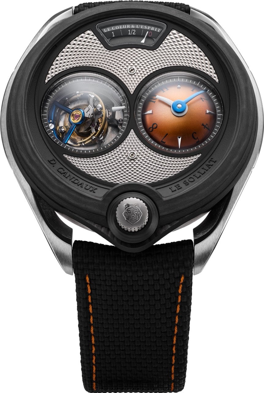 David Candaux DC6 Wildfire rakt framifrån med orange urtavla och flygande tourbillon