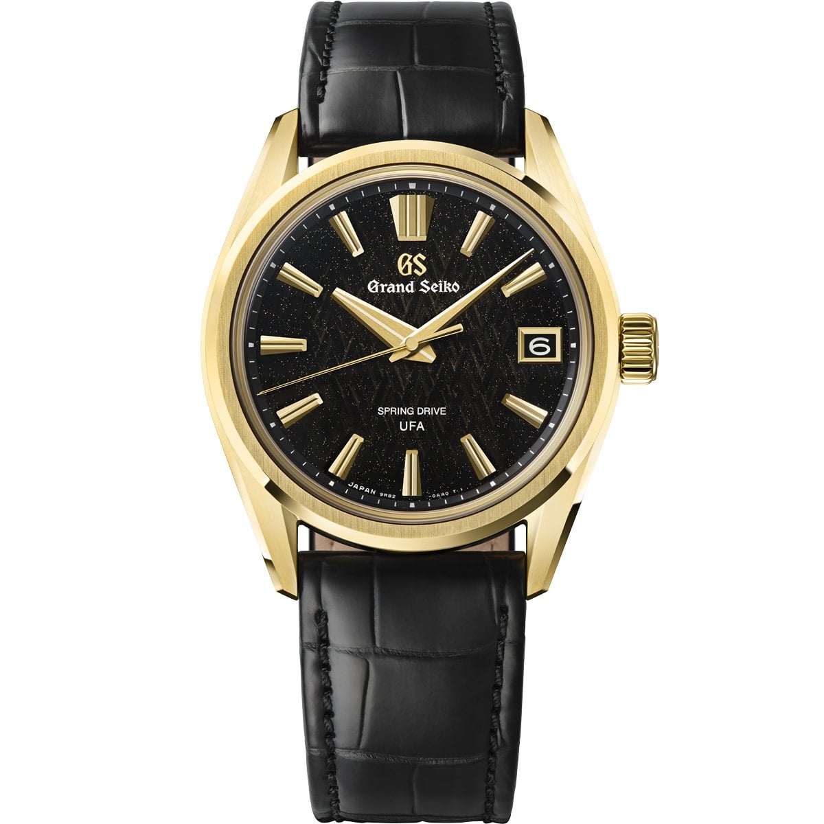 Grand seiko slgb006 i 18k gult guld med svart ice forest-urtavla och guldindex på svart krokodilarmband grand seiko slgb006 i 18k gult guld med svart ice forest-urtavla och guldindex på svart krokodilarmband