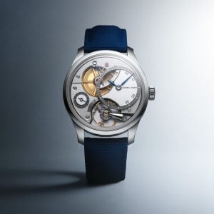 greubel forsey balancier qm i vitguld på blått textilarmband, tre kvarts vy