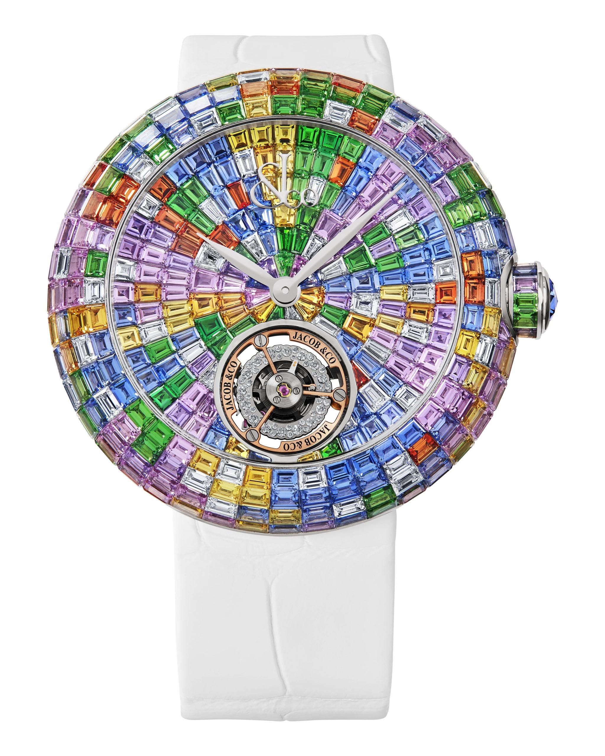 Jacob & Co Brilliant Flying Tourbillon Baguette Pastel Arlequino rakt framifrån med pastellfärgade safirer och flygande tourbillon