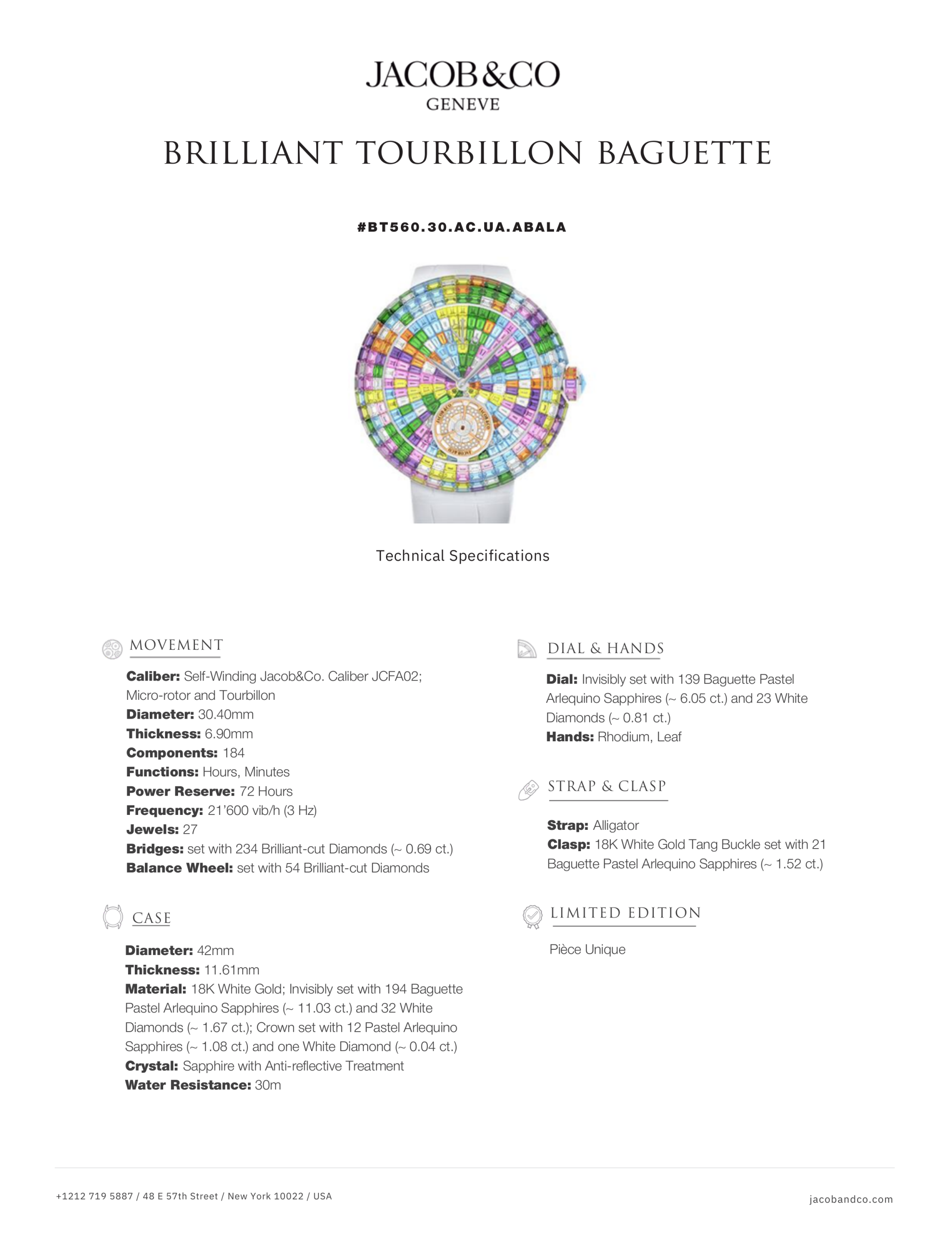 Jacob & co:s tekniska specifikationsblad för brilliant tourbillon baguette pastel arlequino referens bt560. 30. Ac. Ua. Abala jacob & co:s tekniska specifikationsblad för brilliant tourbillon baguette pastel arlequino referens bt560.30.ac.ua.abala