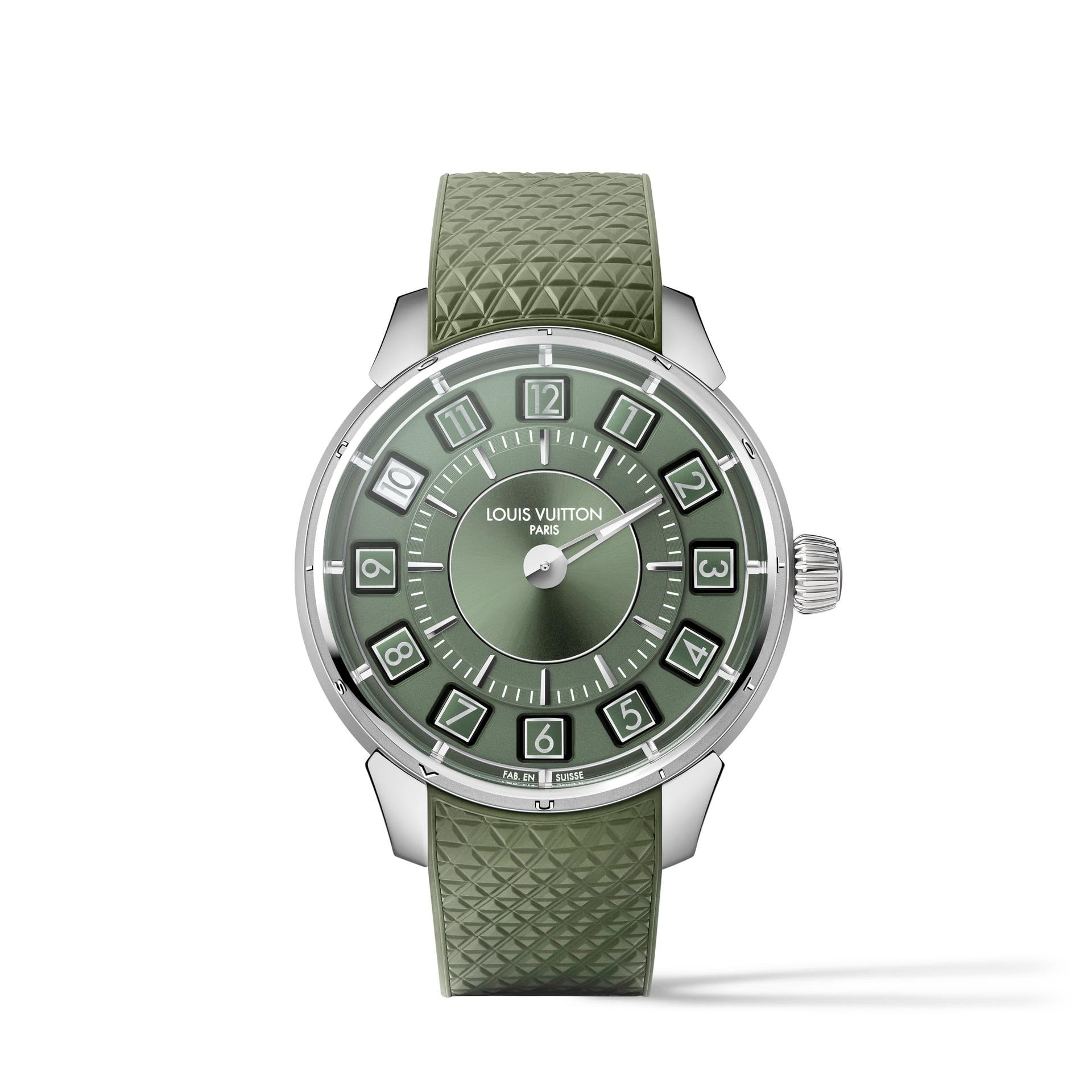 Louis Vuitton Tambour Spin Time W9WGA2 i vitguld med grön sandblästrad urtavla och grönt gummiarmband