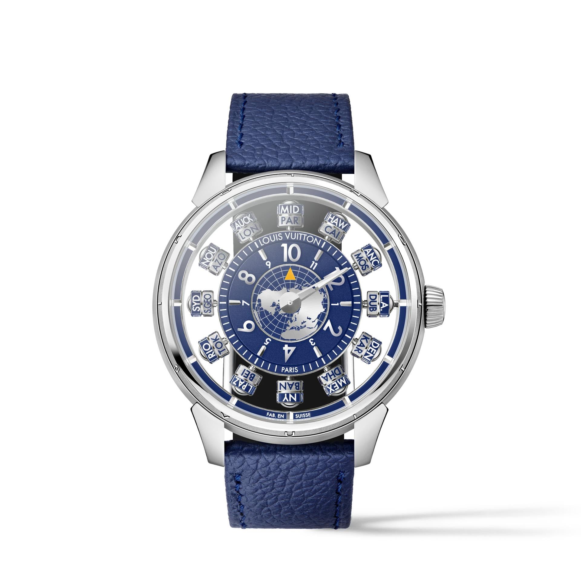 Louis vuitton tambour spin time air antipode w9wg91 med blå världskarteurtavla och tolv roterande kuber för världstid louis vuitton tambour spin time air antipode w9wg91 med blå världskarteurtavla och tolv roterande kuber för världstid