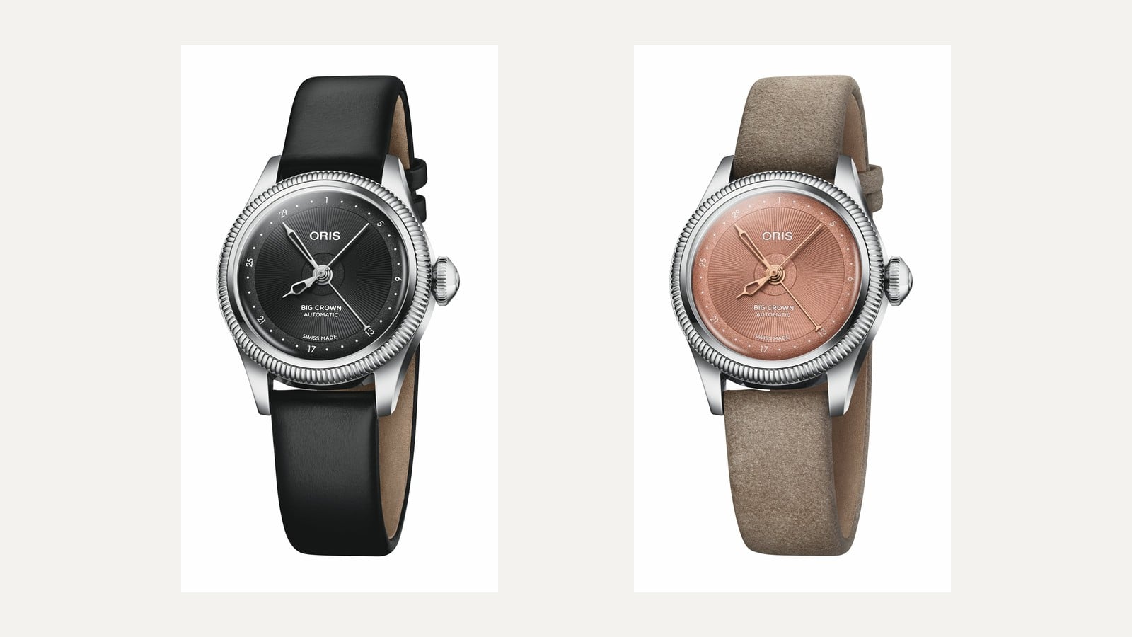 oris big crown pointer date 29 mm i svart och roséguldfärgad urtavla sida vid sida