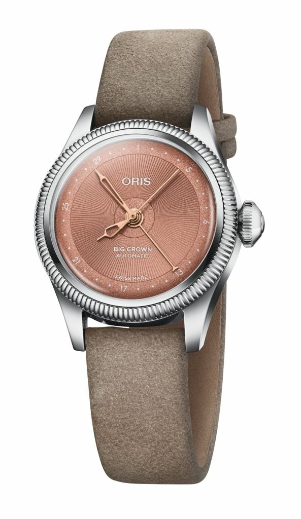 Oris big crown pointer date 29 mm med roséguldfärgad urtavla och beige mockaarmband oris big crown pointer date 29 mm med roséguldfärgad urtavla och beige mockaarmband