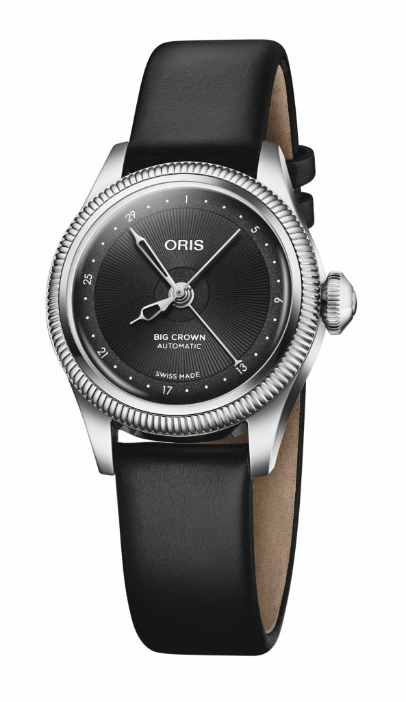 Oris big crown pointer date 29 mm med svart urtavla och svart läderarmband oris big crown pointer date 29 mm med svart urtavla och svart läderarmband
