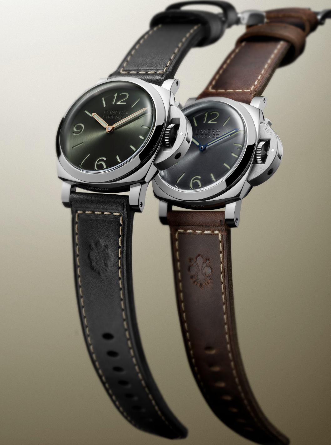 Panerai luminor firenze 8 giorni pam01734 och pam01794 sida vid sida, en med grön urtavla på svart läderband och en med antracitgrå urtavla på brunt läderband panerai luminor firenze 8 giorni pam01734 och pam01794 sida vid sida, en med grön urtavla på svart läderband och en med antracitgrå urtavla på brunt läderband