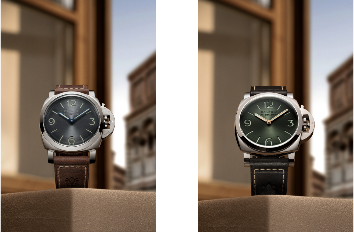 Båda panerai luminor firenze 8 giorni fotograferade i ett fönster i florens, med sandwichurtavla och den florentinska liljan präglad i lädret båda panerai luminor firenze 8 giorni fotograferade i ett fönster i florens, med sandwichurtavla och den florentinska liljan präglad i lädret