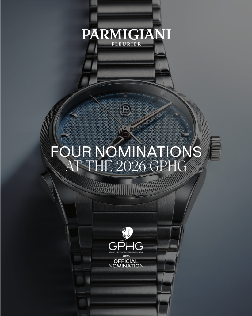parmigiani fleurier tonda pf med blå guillocherad urtavla och integrerad länk, i märkets grafik för fyra nomineringar till gphg 2026