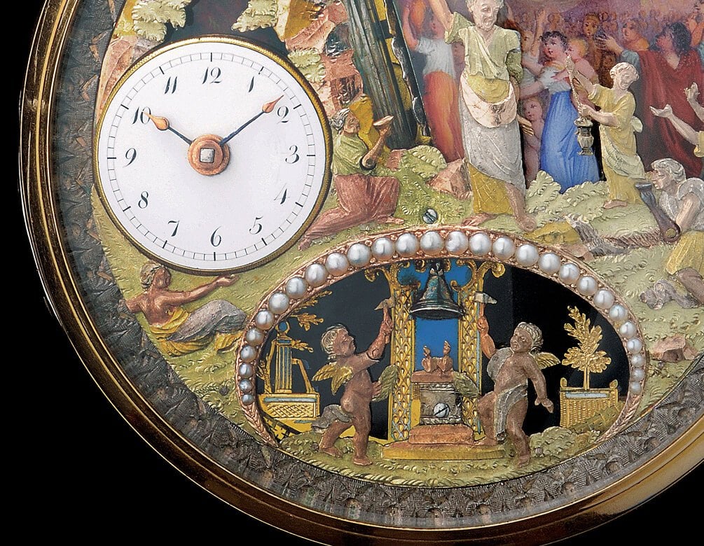 detalj av automat med urtavla och rörliga figurer, restaurerad av michel parmigiani