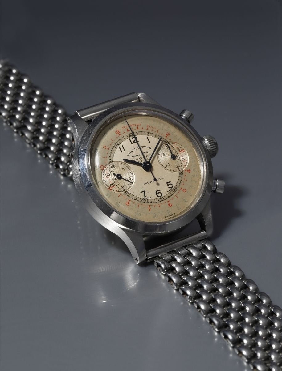 vintage rolex-kronograf i stål på pärlkedjelänkat armband ur pucci papaleo-samlingen