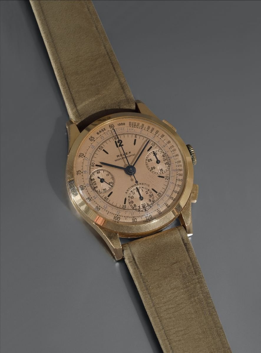 rolex-kronograf i roséguld med laxfärgad urtavla ur pucci papaleo-samlingen hos phillips