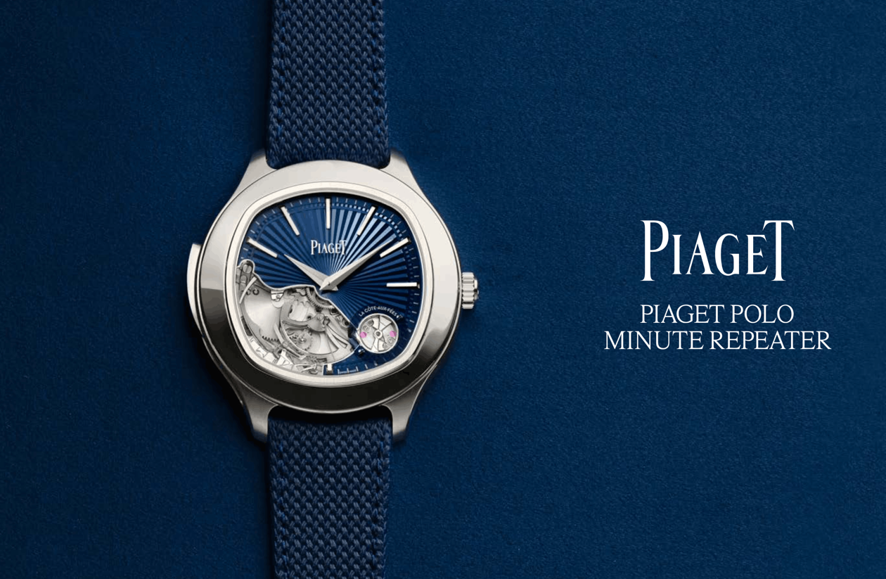 piaget polo minute repeater i vitguld med blå solstrålsurtavla mot blå bakgrund