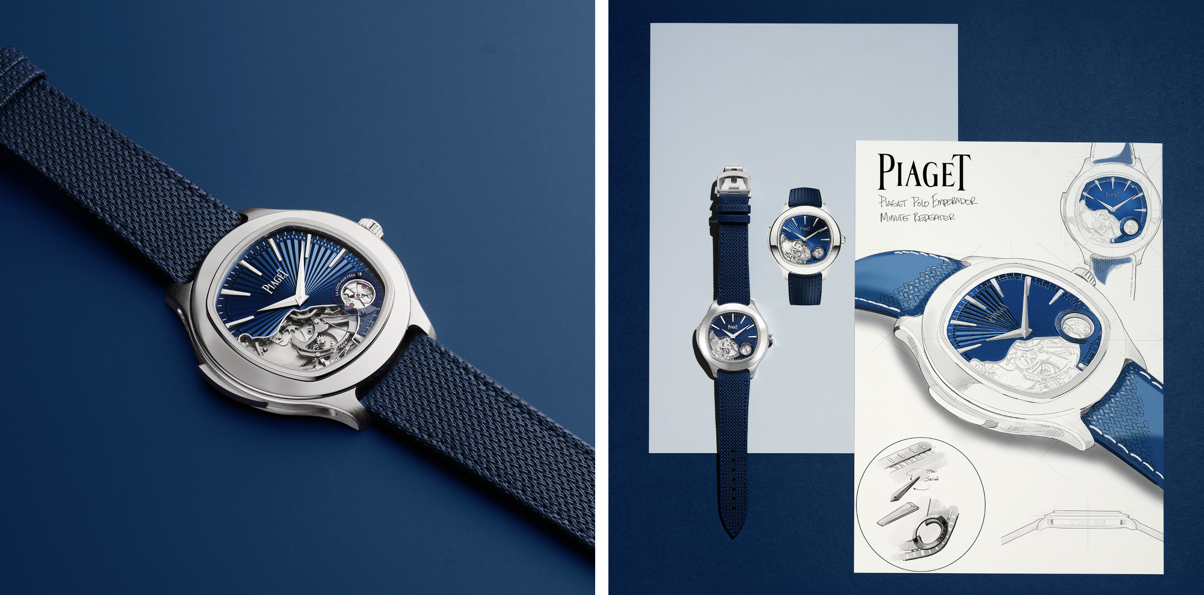 piaget polo minute repeater i profil bredvid gouachemålningen av modellen