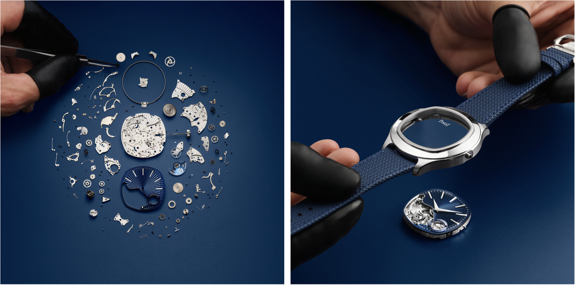 delarna till piaget polo minute repeater utlagda på blå bakgrund och boetten som monteras för hand