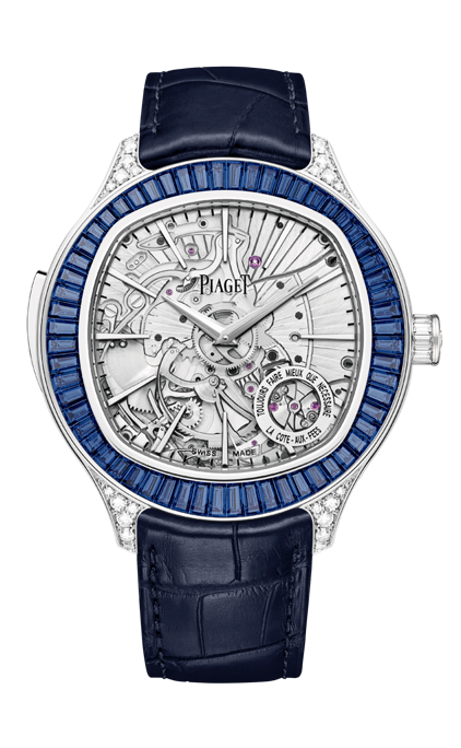 piaget polo minute repeater g0a51017 med baguetteslipade safirer i bezeln och helt skeletterad urtavla