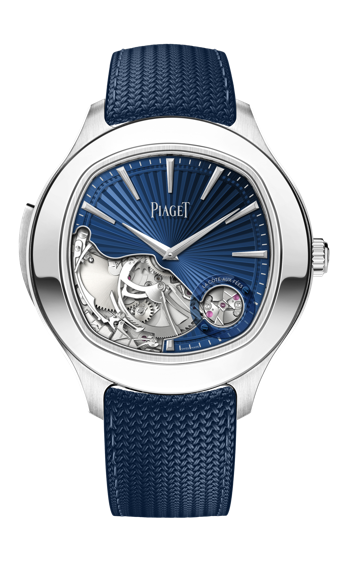 piaget polo minute repeater g0a51038 rakt framifrån med blått gummiband och delvis öppnad urtavla
