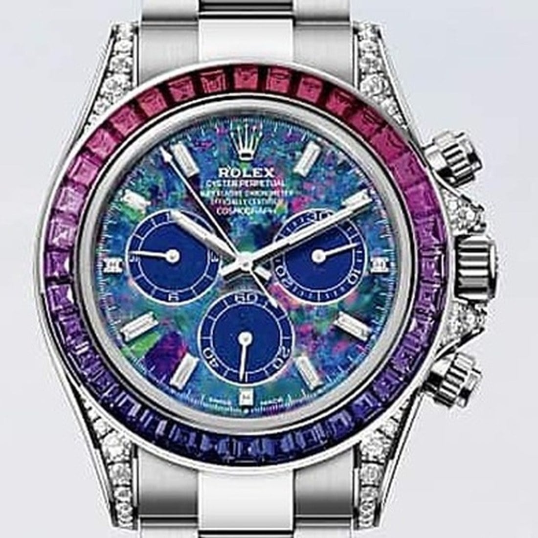 Närbild på urtavlan i blå opal med räkneverk i lapis lazuli på rolex daytona vinter närbild på urtavlan i blå opal med räkneverk i lapis lazuli på rolex daytona vinter