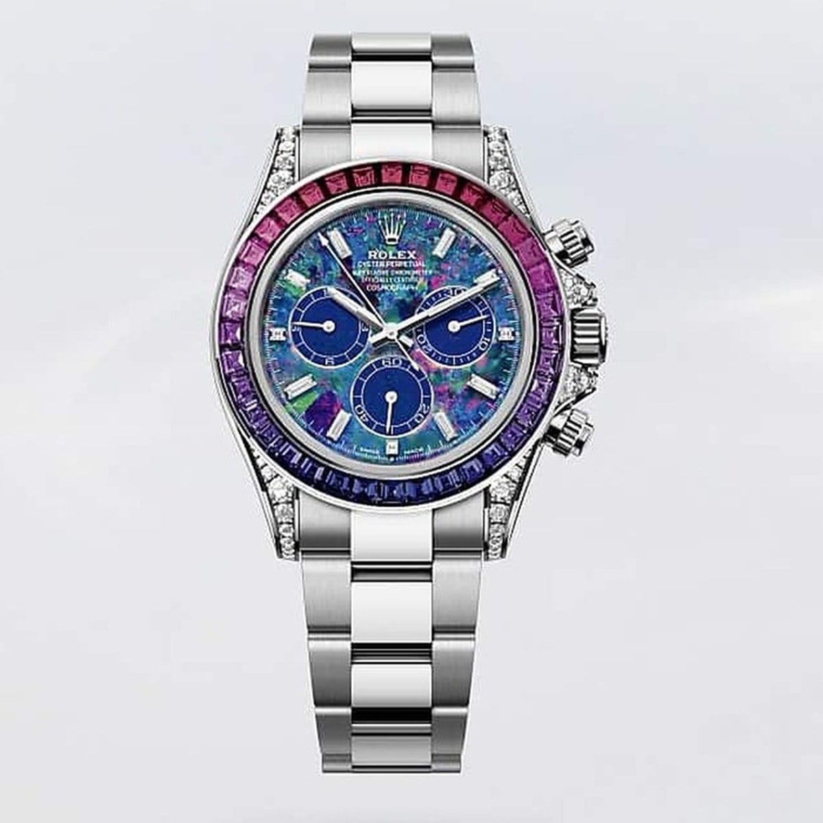 Rolex cosmograph daytona vinter i platina med urtavla i blå opal och safirer i blått till fuchsia rolex cosmograph daytona vinter i platina med urtavla i blå opal och safirer i blått till fuchsia