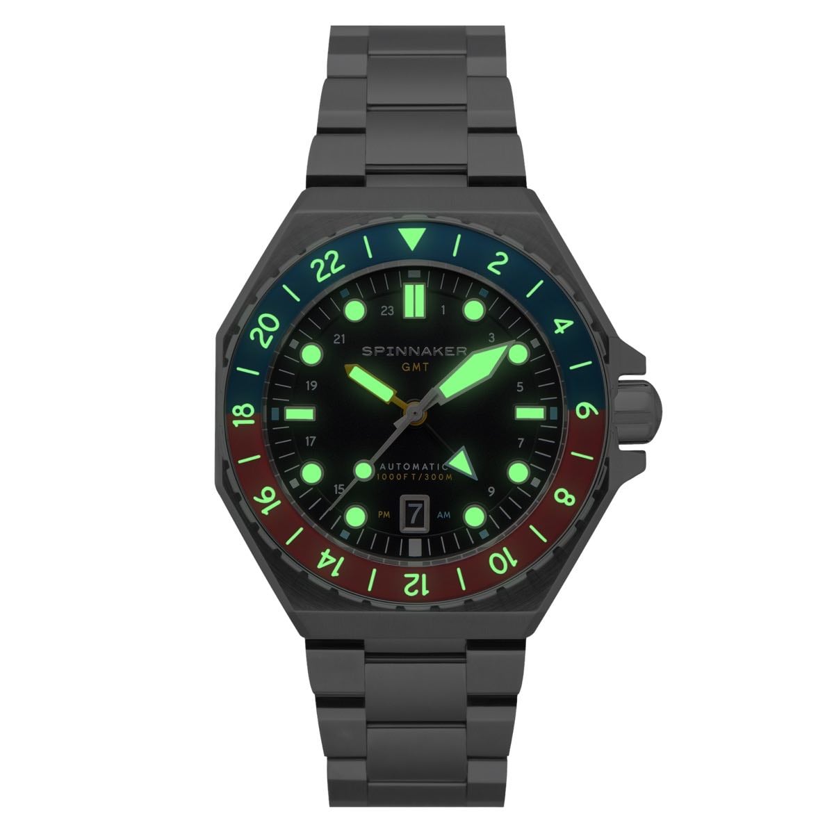 spinnaker dumas gmt automatic i mörker där swiss newlite på index, visare och bezelmarkör lyser grönt
