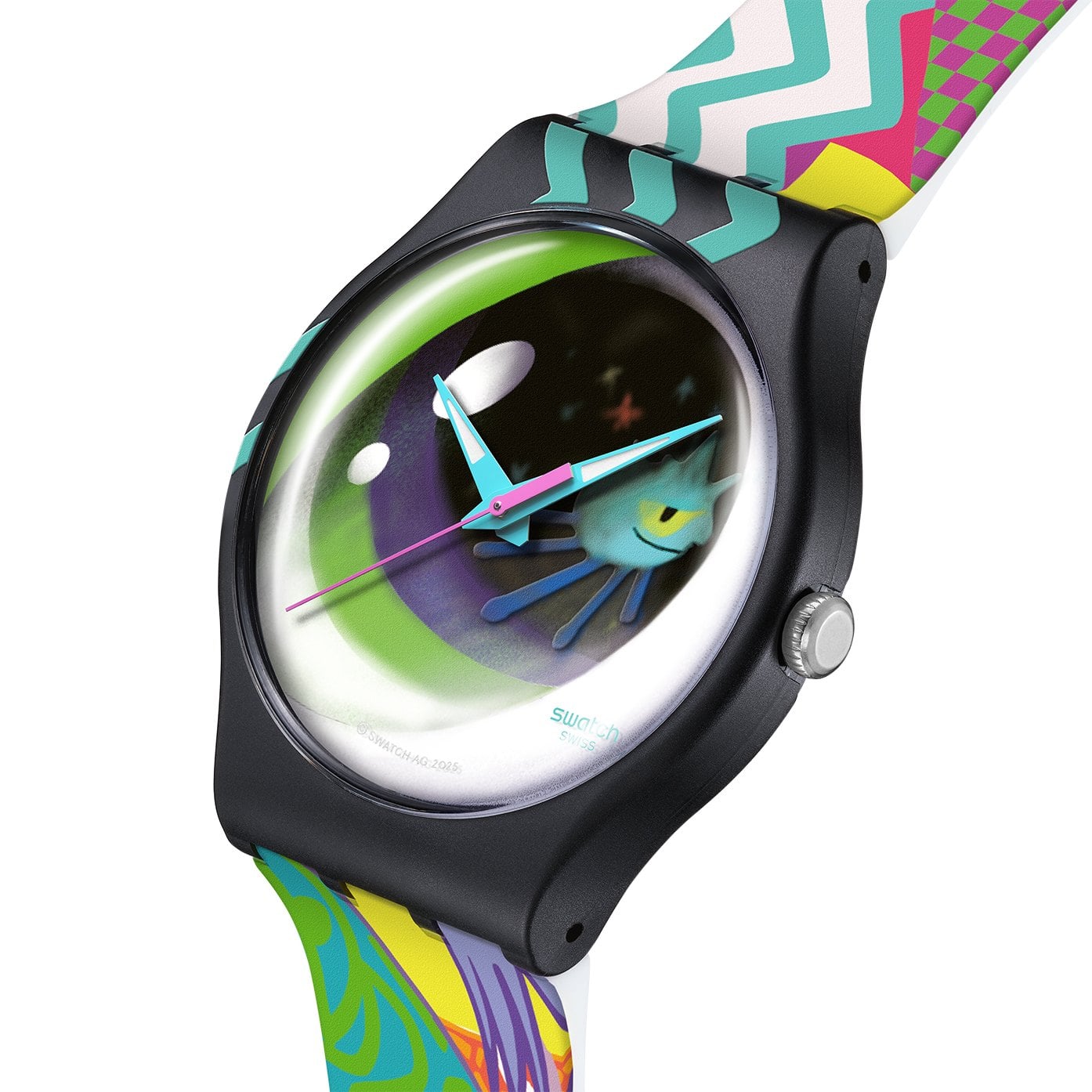 Swatch Art Peace Hotel Collection – urtavla med kosmiskt öga i grönt och lila mot svart