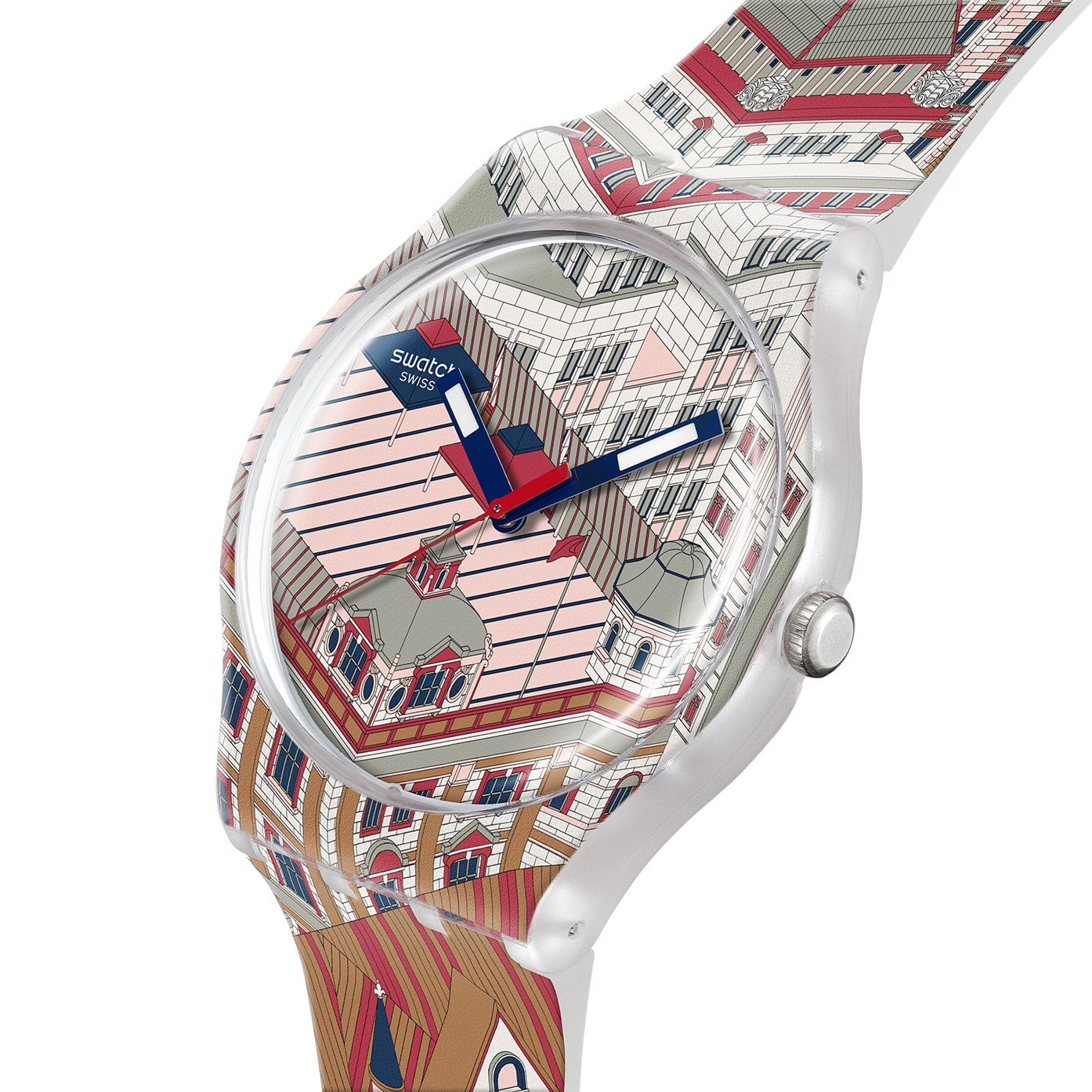 swatch art peace hotel collection – urtavla med shanghais takåsar i rött och blått