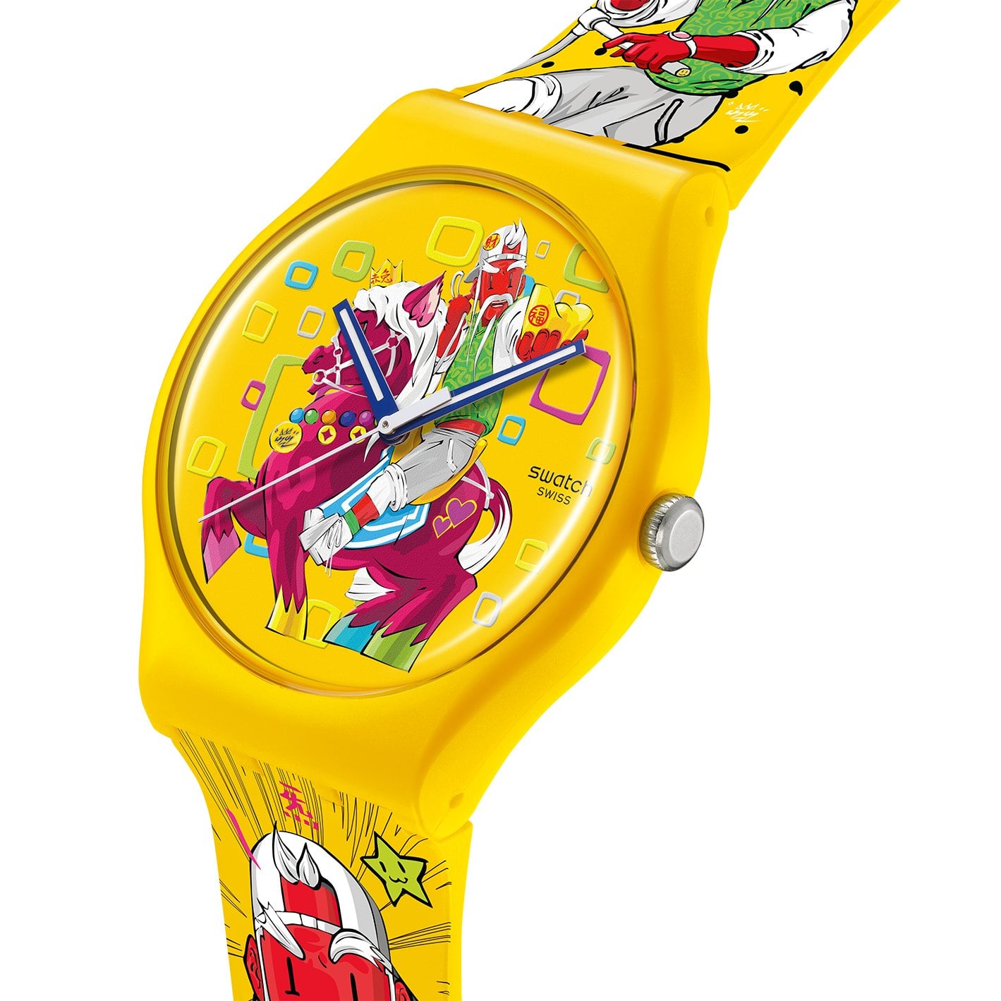 swatch art peace hotel collection – gul urtavla med expressiv figur i rött