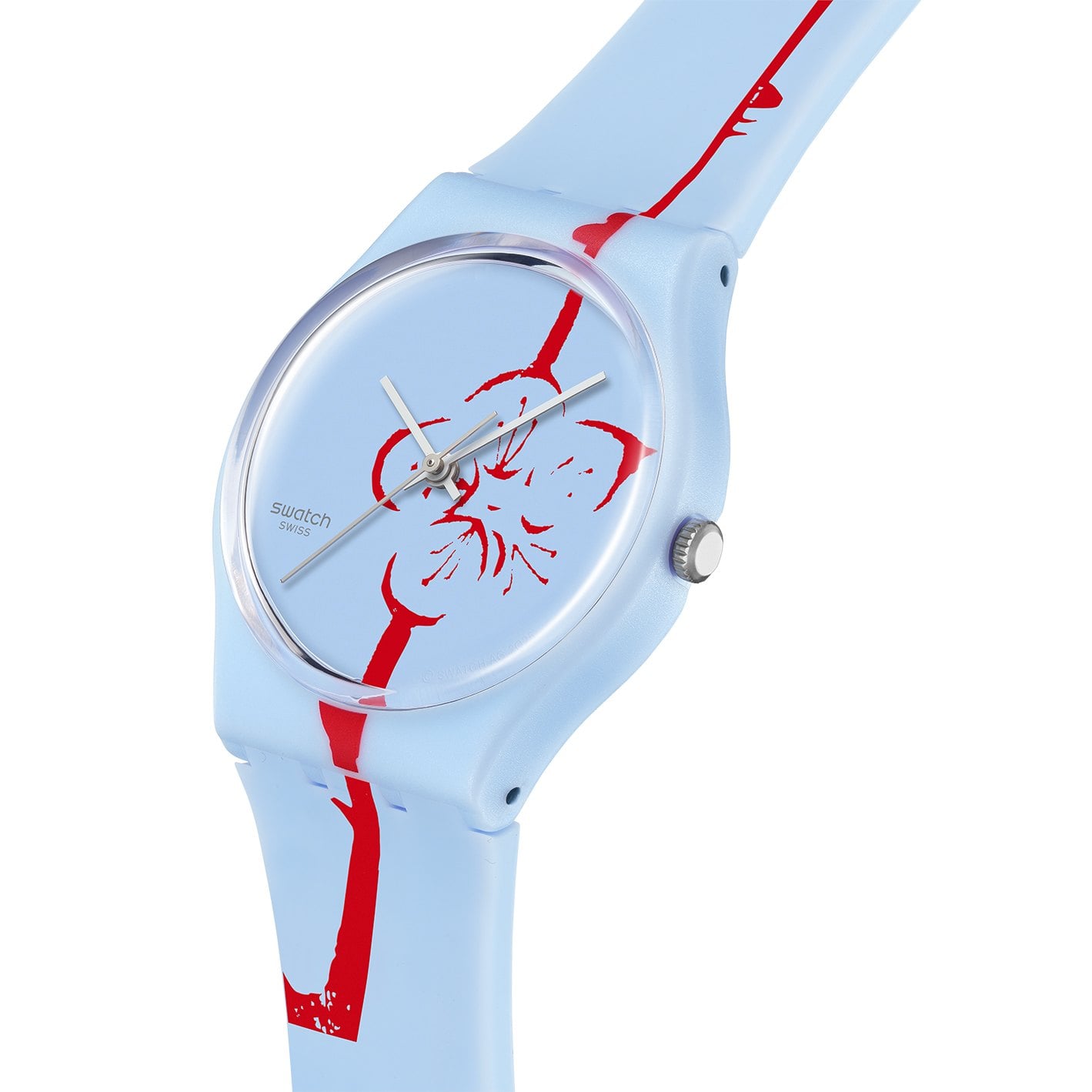 swatch art peace hotel collection – ljusblå urtavla med rött blomstermotiv