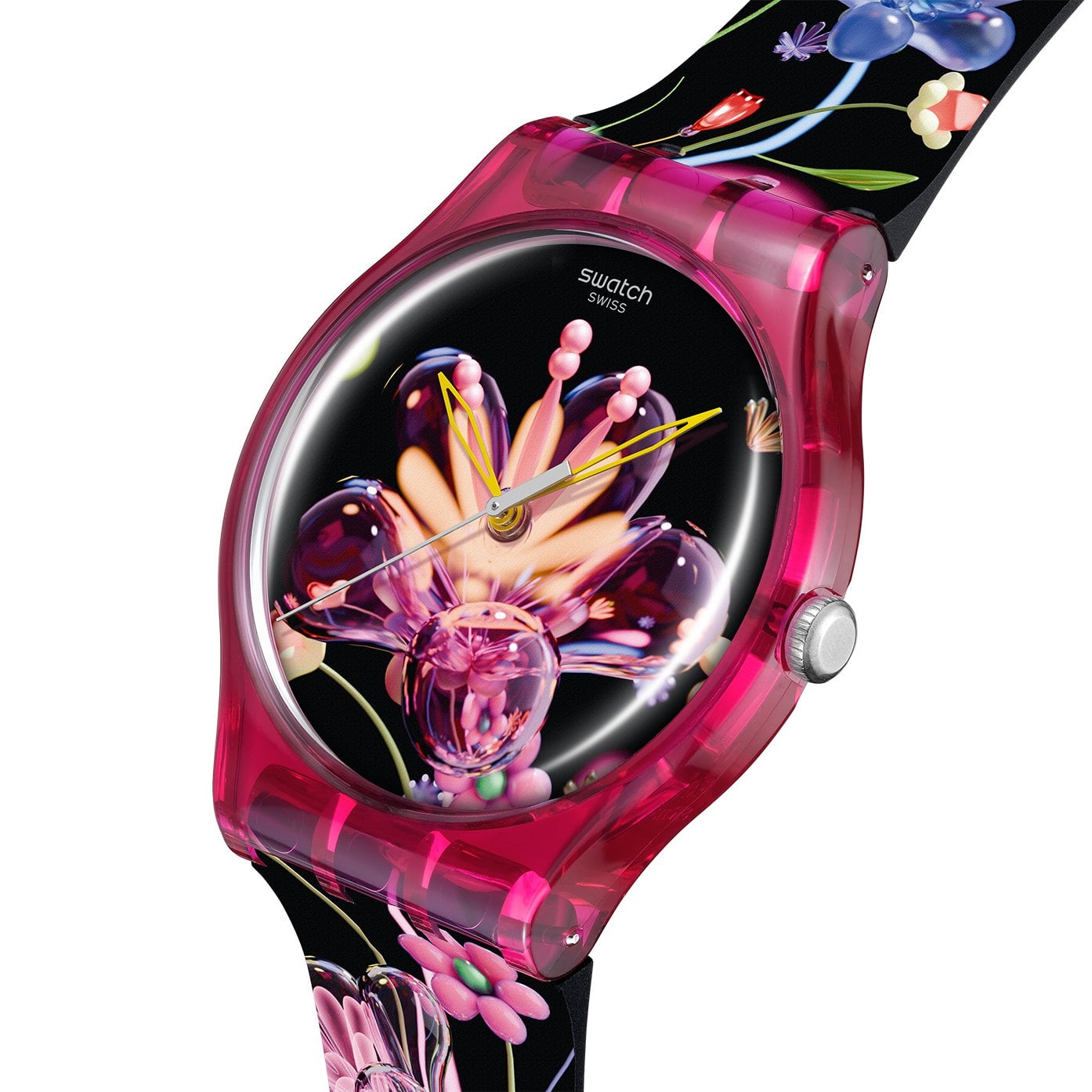 swatch art peace hotel collection – svart urtavla med blommor och rosa boett