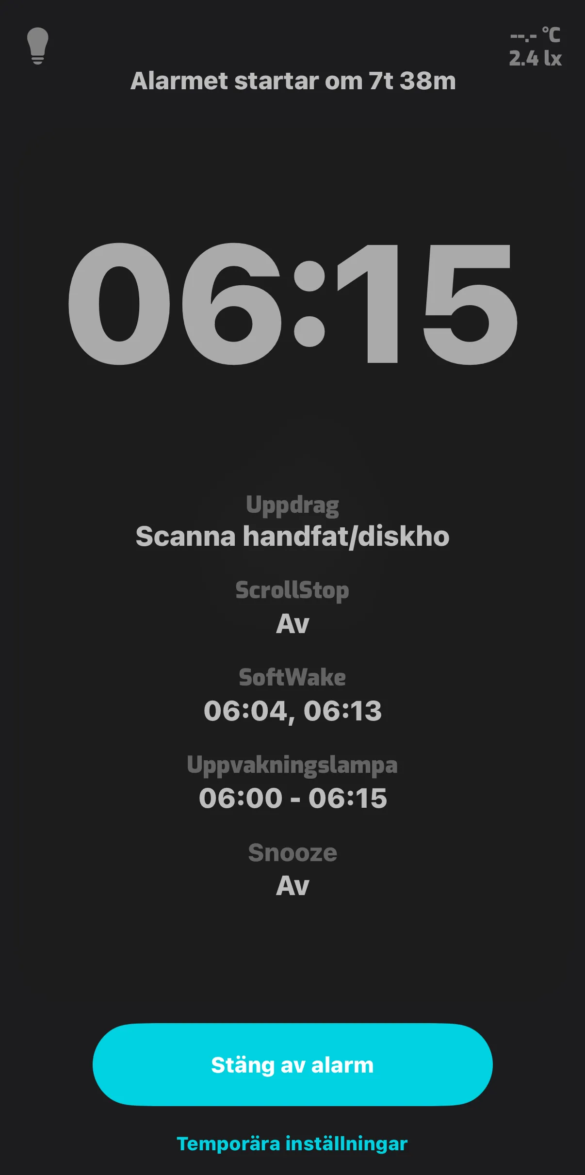 Skärmdump från wakeme-appen med larm 06:15, uppdrag scanna handfat/diskho, softwake och uppvakningslampa skärmdump från wakeme-appen med larm 06:15, uppdrag scanna handfat/diskho, softwake och uppvakningslampa