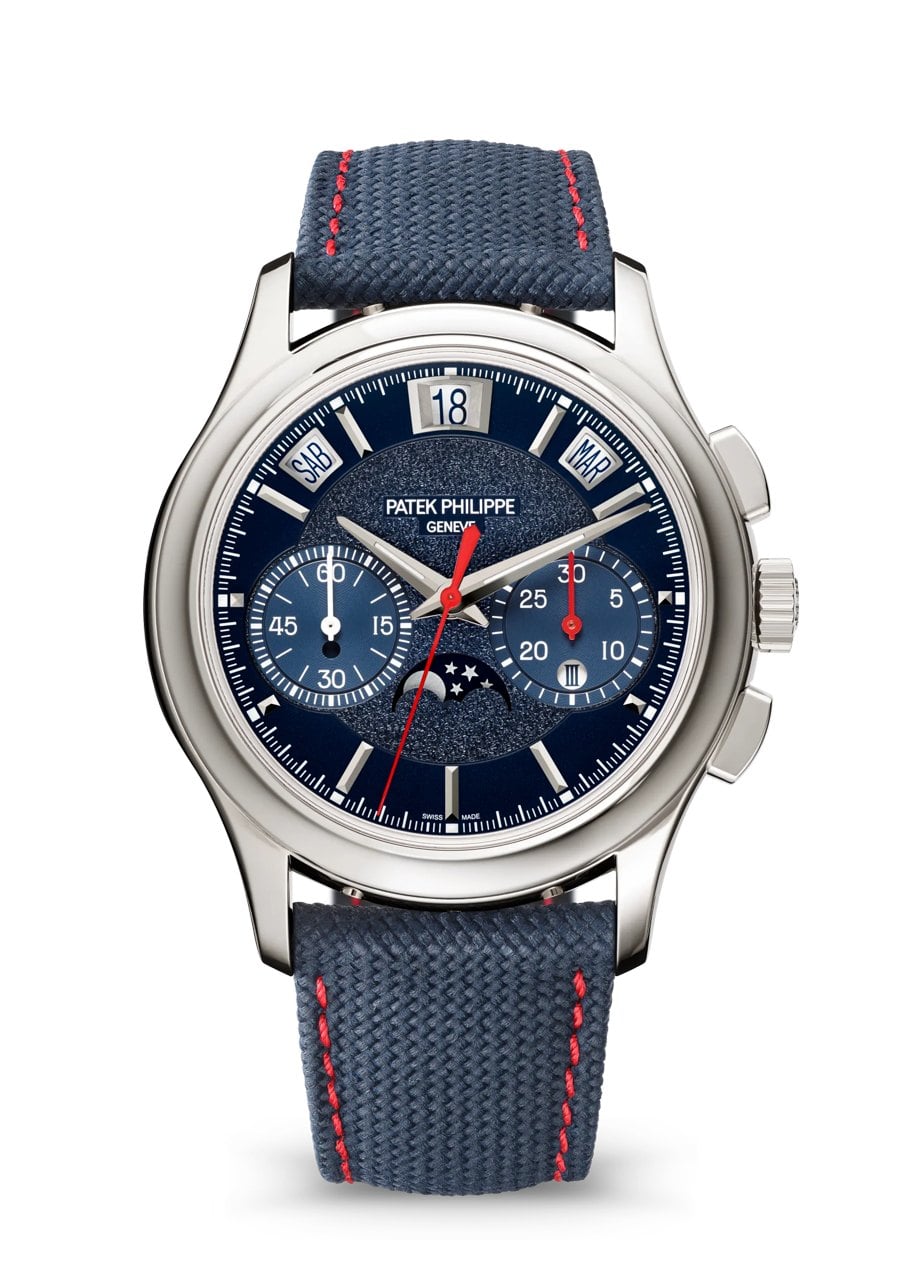 Patek philippe 5978p-010 kronograf med momentan evighetskalender i platina med blå solfjäderurtavla patek philippe 5978p-010 kronograf med momentan evighetskalender i platina med blå solfjäderurtavla
