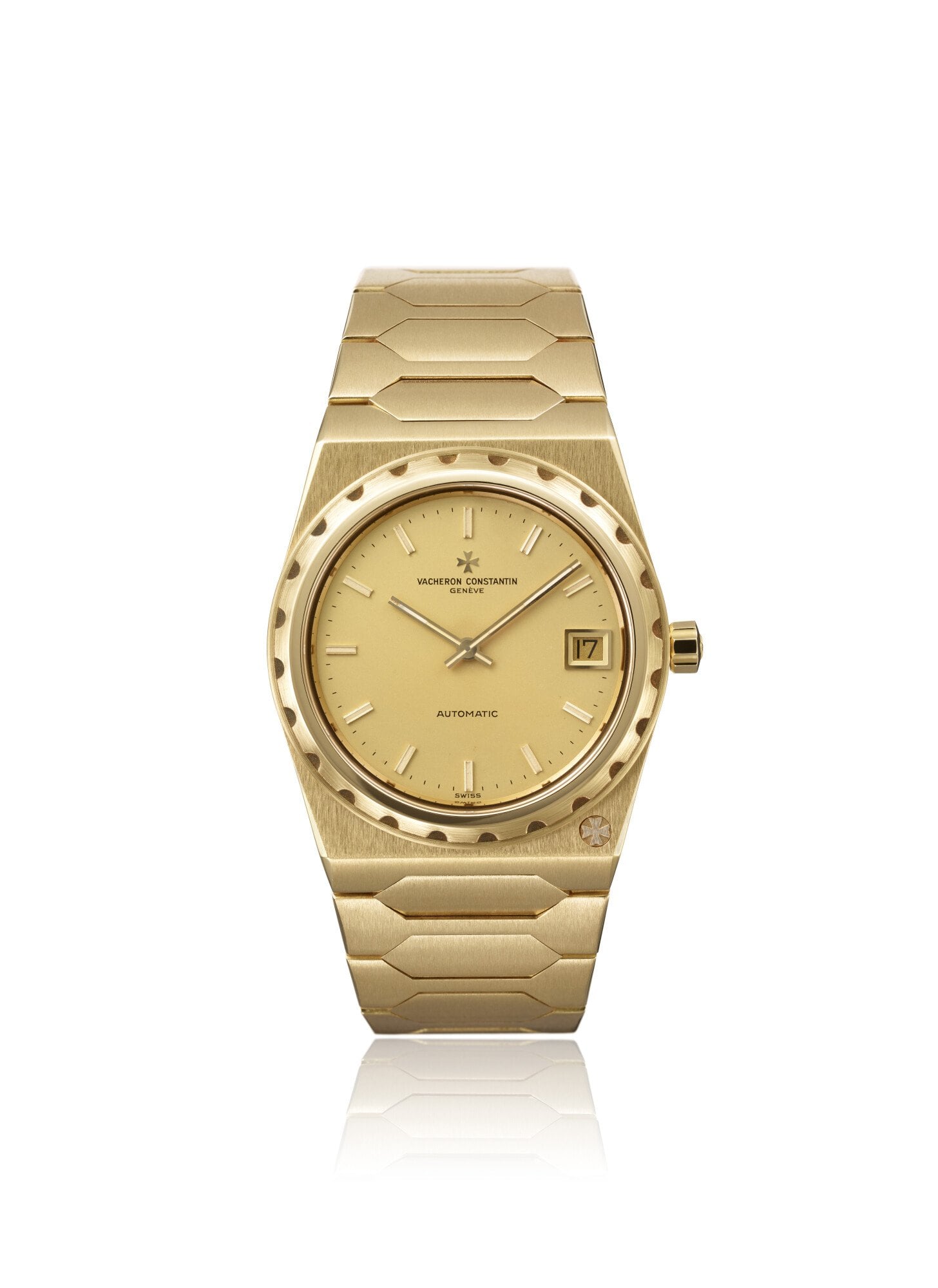 originalet vacheron constantin 222 ref. 44018 i gulguld med champagnefärgad urtavla och integrerat guldarmband